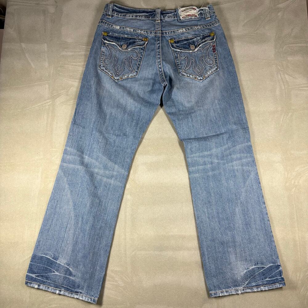 MEK Denim Oaxaca Boot Cut Jeans Mens 36x34 Distressed Light Wash Blue Denim